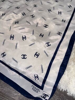 CHANEL SILK CC Logo Blue & White Scarf